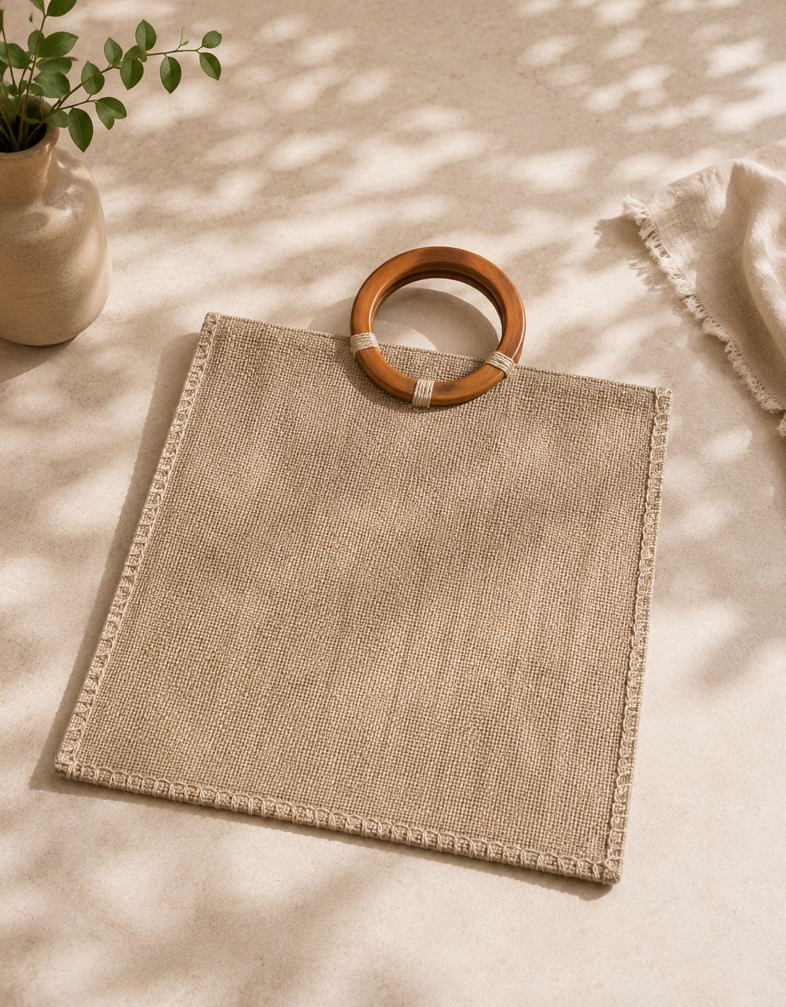 Jute Tote Bag with Wooden Ring Handle